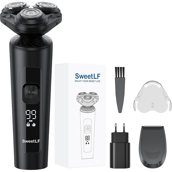 Електричний чоловічий бритва SweetLF з прецизійним тримером, мокрий/сухий, 5D ротаційний, перезаряджуваний, з блокуванням від перенесення, бездротовий (чорний)