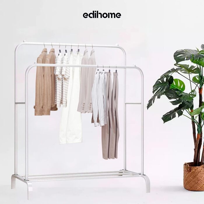 edihome Clothes Rack, Clothes Rail, Double, 110 x 150 x 54 cm, Shoe Rack, Metallic, Stable, Clothes Organizer (White)