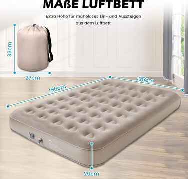 Надувний матрац для 2 осіб з електричним насосом, 190 x 125 x 20 см - для дому та кемпінгу
