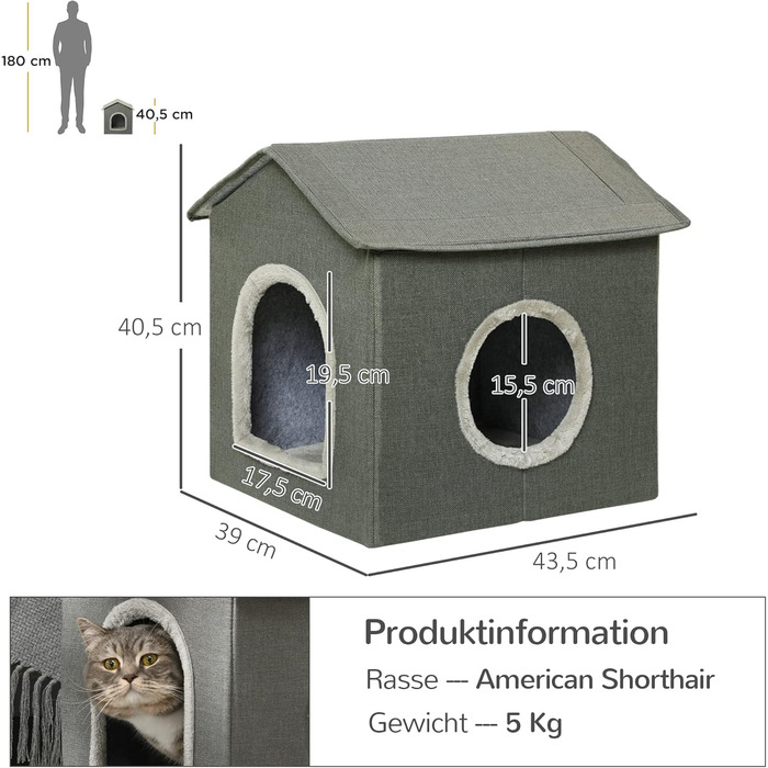 Павгют Будка для кота з лежаком та когтеточкою, XXL, сіра, 39 x 43,5 x 40,5 см