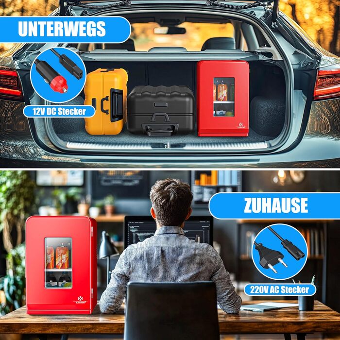 KESSER® Міні-холодильник 2-в-1, 15л: Автомобільний холодильник-термос з функцією охолодження та підігріву (220-240V/12V), червоний