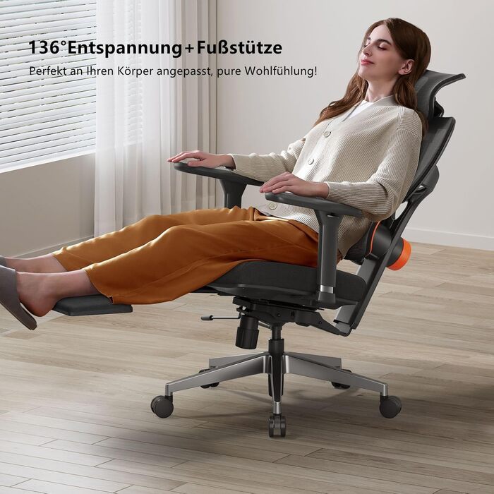 Офісне крісло Newtral NT002 з підніжкою: ергономічне, регульована спинка, підлокітники, чорне. Макс. вага 150 кг