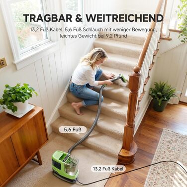 Пристрій для чищення м'яких меблів з гарячою парою та 17KPa - 1800W миючий пилосос для килимів, диванів, автомобілів та сходин - з голосовим управлінням та самоочищенням - 4 насадки, зелений середнього розміру