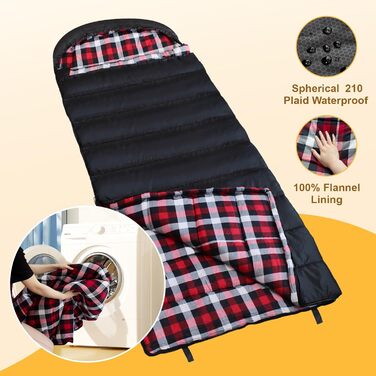 Сплячий мішок Poepore XXL для дорослих, 3-4 сезони, фланель, кемпінг, зимовий, чорний, 230x90 см