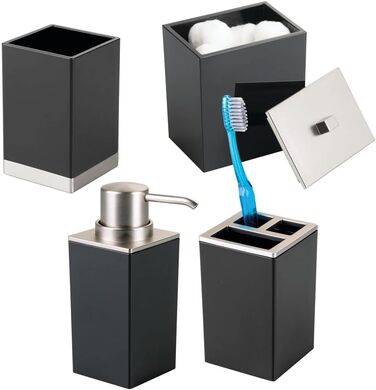 mDesign Plastic Bathroom Storage Jars, Vanity Decor Accessories, Countertop Organizer, Soap Dispenser, Toothbrush Holder, Lumiere Collection, 4-Piece Set – Black/Brushed