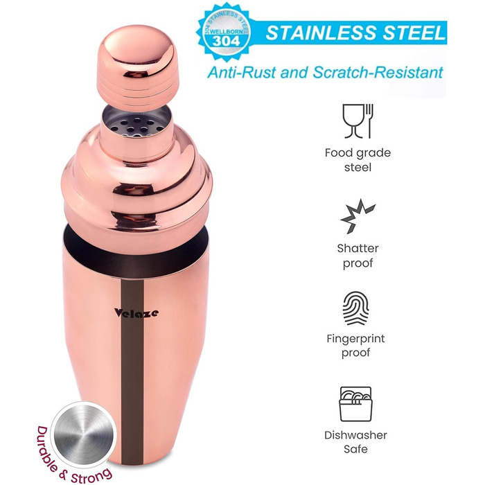 Набір шейкерів для коктейлів Velaze, 10 предметів, нержавіюча сталь, рожеве золото, професійний барний набір для дому, бару та вечірок