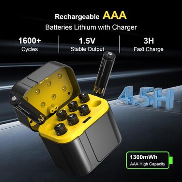 SURFOU Акумулятори літієві перезаряджувані 4 AA + 4 AAA з зарядним пристроєм, 1300 мАг, висока ємність 1.5V, з інтегрованою коробкою для зберігання та зарядки, 1600+ циклів, 8-канальний зарядний пристрій з 4 AA 3700 мАг та 4 AAA 1300 мАг