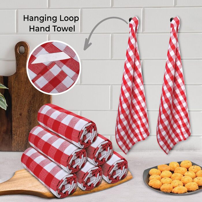 Urban Villa Kitchen Towels, Premium Quality, Dishcloths made from 100% Cotton, Mitered Corners, Ultra-Soft (Size 51x76 cm) Red/White Highly Absorbent Bar and Dish Towels - (Set of 6)