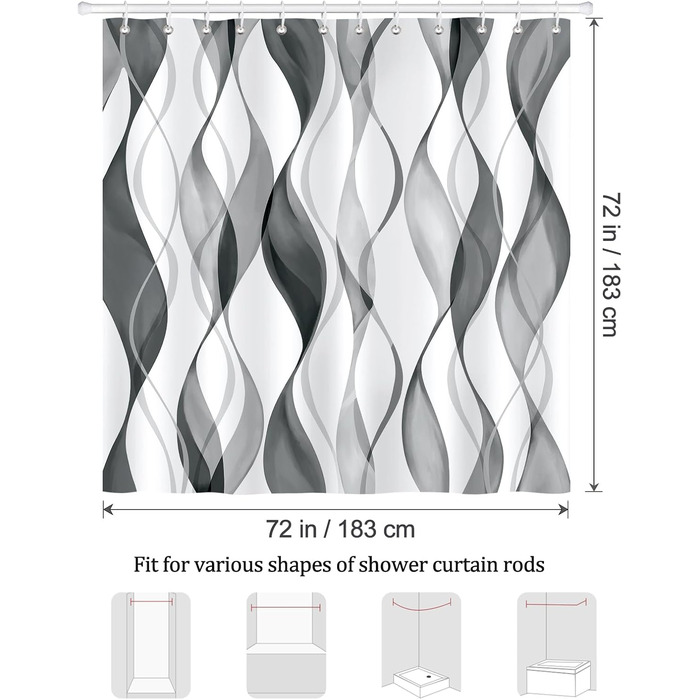 Шторка для душу Bonhause 180x180 см водонепроникна, антигрибкова, смугаста, поліестер, для ванної кімнати (1 шт., сіра)