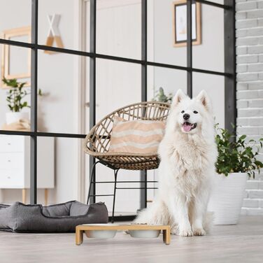 Станція для корму для собак Relaxdays, годівниця для собак з 2 мисками по 270 мл, бамбук та кераміка, стійка для мисок, придатна для миття в посудомийній машині, колір: природа/білий