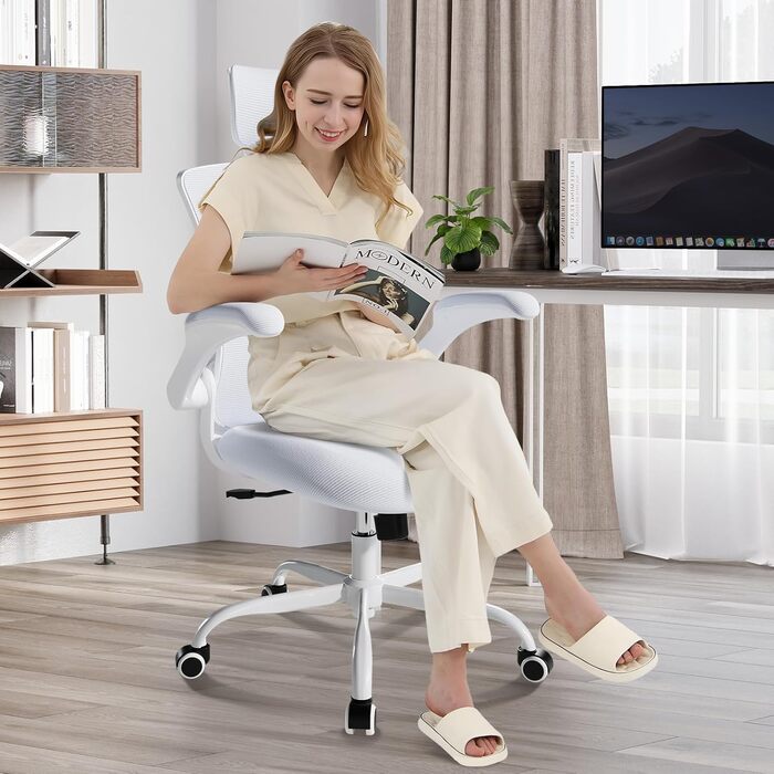 Офісний крісло COLAMY з ергономічною сіткою, регульованою підголівником та поперековою підтримкою, підйомними підлокітниками, функцією гойдання та фіксації, регульоване по висоті, (Білий, універсальний розмір)
