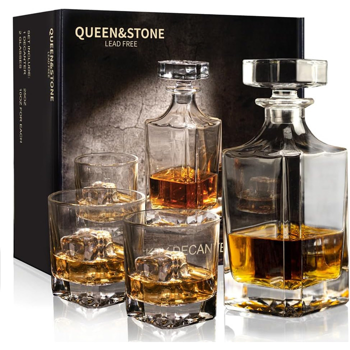 Square Whiskey Decanter Set with 2 Glasses in Box - Scotch, Whiskey, Wine Decanter Set for Men & Women, Father, Colleagues, Lovers - 3 Piece Set