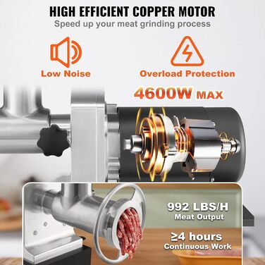 Електрична машина для фаршу та ковбас VEVOR 1100W, 450 кг/год, з нержавіючої сталі