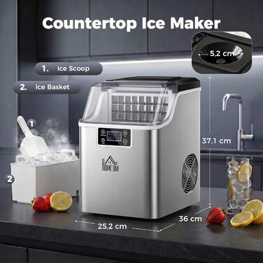 HOMCOM Машина для приготування льоду, 20 кг/24 год, об'єм 2,3 л, резервуар для води 3,2 л, автоматична програма очищення, нержавіюча сталь, 25,2 x 36 x 37,1 см, сріблястий | Aosom