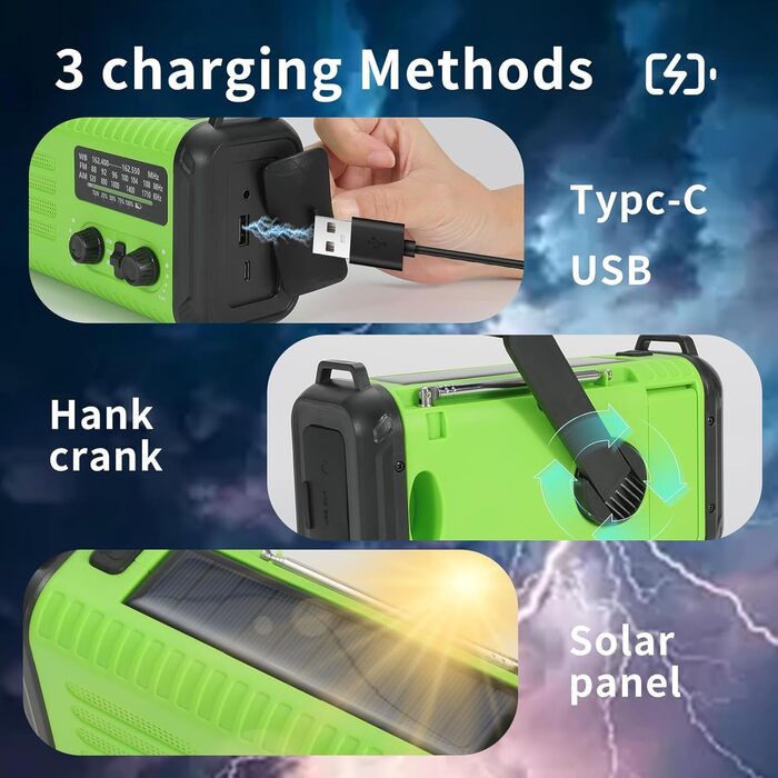 Сонячне радіо Kurbelradio з Powerbank 20000mAh, AM/FM/WB радіо, ліхтарик, зарядний пристрій USB-C, SOS-сигнал, компас, водонепроникне для відпочинку на природі, кемпінгу, екстрених ситуацій, зелений світло-зелений