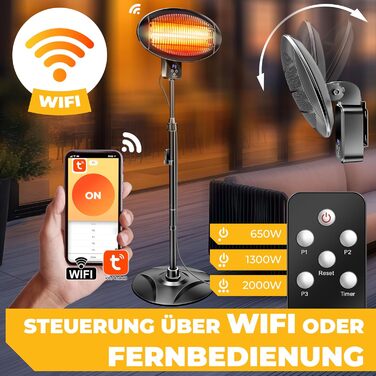 Інфрачервовий обігрівач KESSER® 2000W з Wi-Fi та пультом дистанційного керування, 360° обертання, регулювання висоти, підставка та настінний монтаж, захист від перекидання, IPX4 вологозахист, для тераси, балкону та саду, чорний