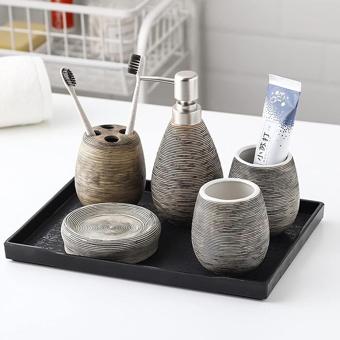 Набір аксесуарів для ванної кімнати Tauzveok з кераміки, 6 предметів: дозатор мила, тримач для зубних щіток, мильниця, стаканчик та підставка. Колір: коричневий.