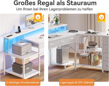 Комп'ютерний стіл Coleshome з 7 висувними ящиками та великим об'ємом зберігання, кутовий стіл з RGB LED підсвічуванням, L-подібний стіл з 2 розетками, ідеальний для офісу та геймінгу (білий, 199.5×145.5 см)