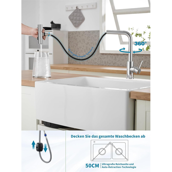 Кухонний змішувач Schwarz Waterfall з висувною лійкою та 3 режимами струменя, поворотний на 360°, з гальванічним покриттям сріблястого кольору