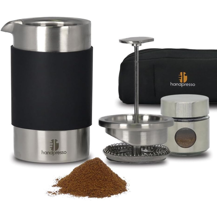 Handpresso - Travel Press with Bag | 0.35 Liters (2-3 Cups) | French Press Stainless Steel | Double-Walled Insulated Coffee Press | Thermo French Press Small for Camping or Travel