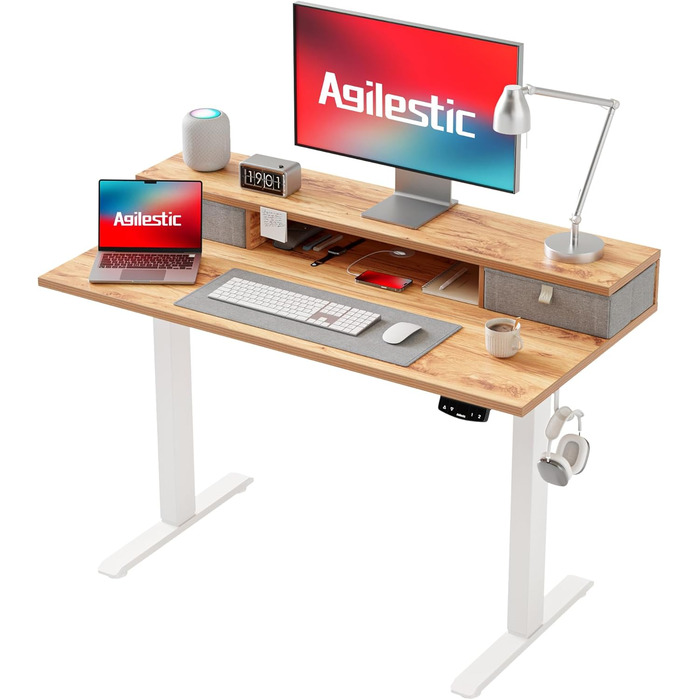 Регульований стіл Agilestic з 2 ящиками, електричний, ергономічний, для роботи та навчання, білий (світло-коричневий), 100 x 60 см