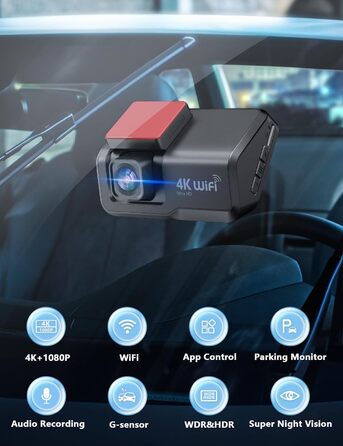Відеореєстратор Chortau Dashcam 4K+1080P з двома камерами, WiFi, LCD 3 дюйми, 64GB SD, Нічне бачення, G-сенсор, Park Mode