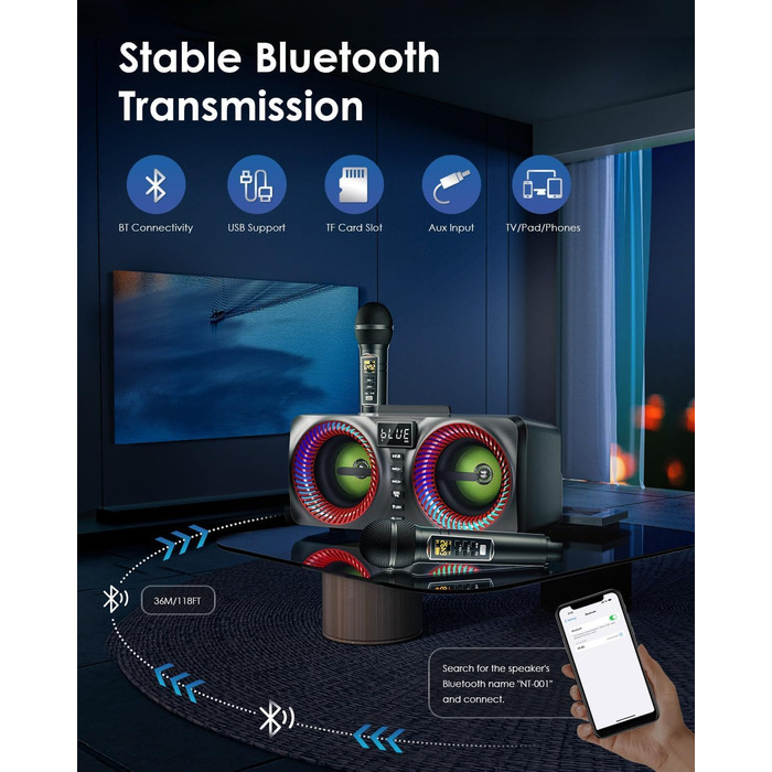 Караоке система All-in-One з Bluetooth, 2 мікрофонами та акустикою 30W, для вечірок (Red2)