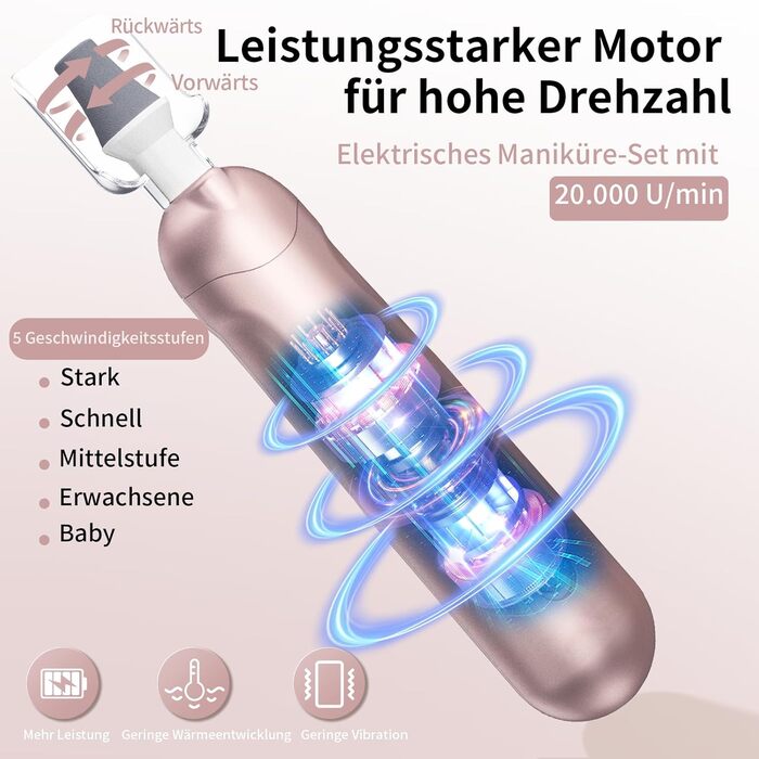 Електричний набір для манікюру та педикюру AOMEES з 9 насадками, LED-підсвічуванням та сумкою (Champagnergold)