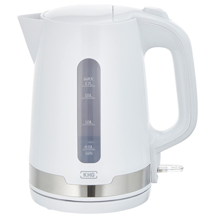 Електричний чайник KHG WK-1708 WE2 білий з нержавіючої сталі, 1.7 л, знімний фільтр від накипу, індикатор рівня води, захист від сухого кипіння та автовимкнення, прихований нагрівальний елемент, BPA Free, 2200 Вт