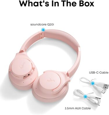 Бездротові навушники-вкладки Soundcore by Anker Q20i з гібридним активним шумозаглушенням (ANC), Hi-Res Audio, 40 годин роботи, керування через додаток, Рожеві (Відновлені)