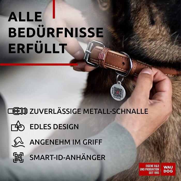 Сумка для собак WAUDOG з натуральної шкіри, великі та середні породи, повсякденне використання, регульована довжина 27-36 см, ширина 15 мм, коричнева