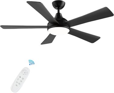 Дерев'яний стельовий вентилятор з підсвічуванням, LED 24W, тихий DC-двигун 38W, 132 см, з пультом дистанційного керування, 6 швидкостей, таймер, (Чорний)