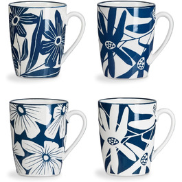 ONEMORE Coffee Mug Set of 4, 355 ml, Porcelain Coffee Cup with Handles, Blue Ceramic Mug for Latte, Cappuccino, Tea, Hot Chocolate, Microwave Safe, Dishwasher Safe, Scratch-Resistant