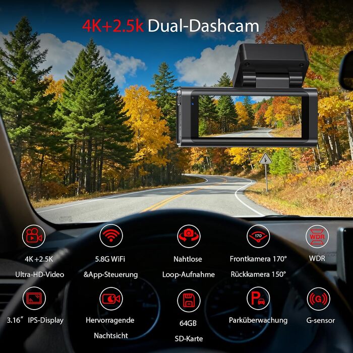 Автомобільний відеореєстратор 4K+2.5K з GPS та 5.8 GHz Wi-Fi, двоканальна камера з IPS-екраном 3.16