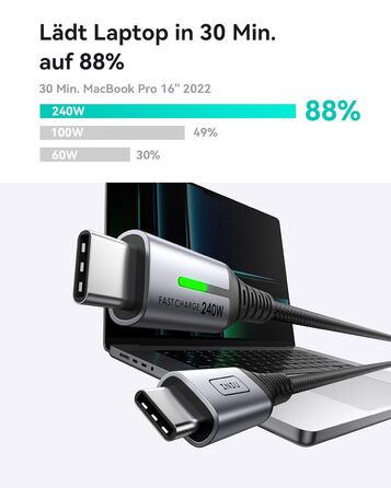 Кабель USB-C 240W, 2 шт. по 2м, PD, швидка зарядка, нейлон, з LED-підсвічуванням, чорний. Сумісний з iPhone, Samsung, Pixel, iPad, MacBook