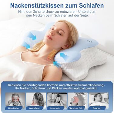 Ергономічна подушка для шиї та голови VYLEE з ефектом пам'яті (Memory Foam), подушка-метелик з двома рівнями висоти (10,5/12,5 см) для сну на боці, спині та животі, синя