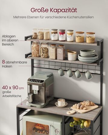 Полиця кухонна VASAGLE з розетками, стелаж для мікрохвильової печі, 8 гачків S-подібної форми, кухонний шафчик, органайзер для спецій, 40 x 90 x 165,5 см, коричневий вінтаж та чорний, KKS031K11