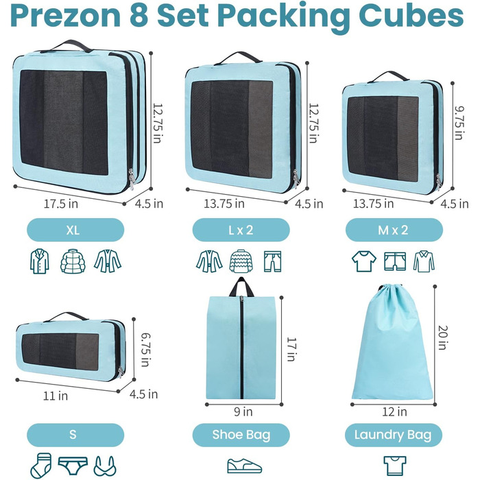 Набір кубиків-органайзерів для подорожей Prezon: 8 шт., м'ятний колір. Розширювані, з сітчастим вікном для зручності.