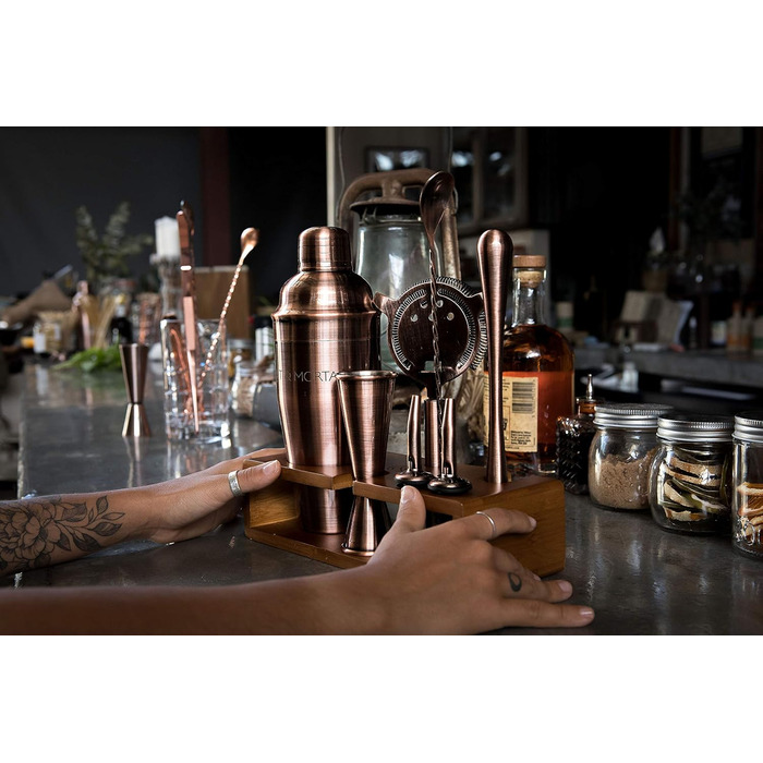 Набір для коктейлів Mint&Mortar 7 предметів з бамбуковим підставкою, з нержавіючої сталі, міксологія, барменський набір з барними інструментами для дому та професійного використання, ідеальний для Мартіні/Маргарити, 680 мл, міксер (Чорний) (Шліфоване мідь