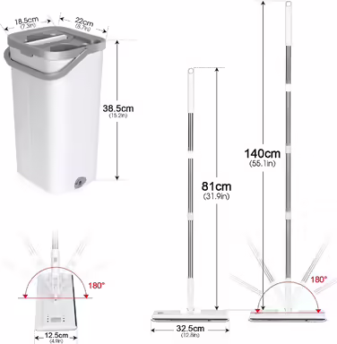 MASTERTOP Floor Wiper Set with Bucket, Microfiber Mop Set with 10 Mop Pads, 2-in-1 Bucket with Wrench, Mop with Wringing Function for All Types of Floors (White)