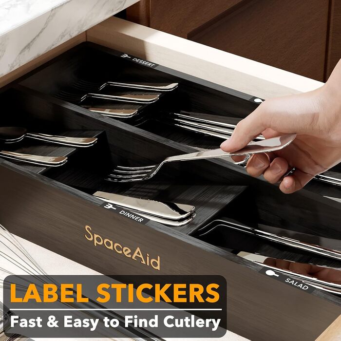 Органайзер для столових приборів SpaceAid з бамбука, 6 відділень, чорний - ложки, виделки, ножі, кухонне приладдя