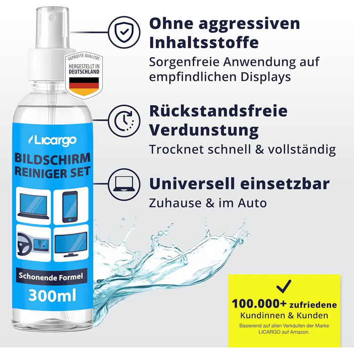 Набір для чищення екранів LICARGO 300 мл: без розводів, з мікрофіброю - для TV, моніторів, ноутбуків, планшетів та телефонів