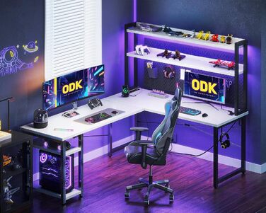 Ігровий стіл ODK L-подібний з LED-підсвіткою, розеткою та полицею для фігурок, кутовий письмовий стіл 150×120 см, білий