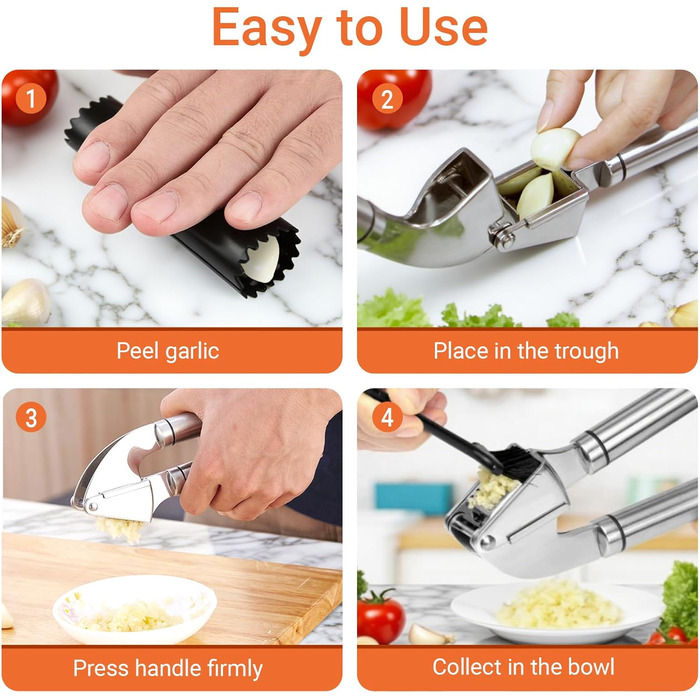 Прес для часнику з нержавіючої сталі Premium – 3 шт. (з очищувачем, щіткою для чищення, легко миється) для часнику та імбиру