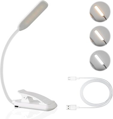 USB LED лампа для читання з кліпсою, 3 режими температури кольору, регульована яскравість, гнучка на 360°, для ліжка, столу та подорожей, біла