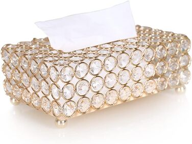 Crystal Cosmetic Box 20 × 13 × 6 cm Rectangular Gold Decorative Tissue Box, Metal Rhinestones Glitter Cosmetic Tissues Desktop Tissue Box for Bedroom Bathroom Living Room