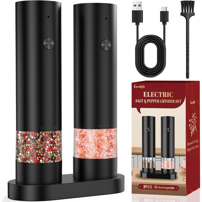 Електричні мельниці для солі та перцю 2 в 1, USB, регулювання помелу, з основою, для спецій, BBQ, кухня