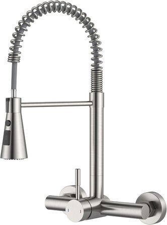 Змішувач кухонний настінний DAYONE з висувною лійкою, нержавіюча сталь, 3 режими, 360° обертання, відстань між отворами 15 см, матовий