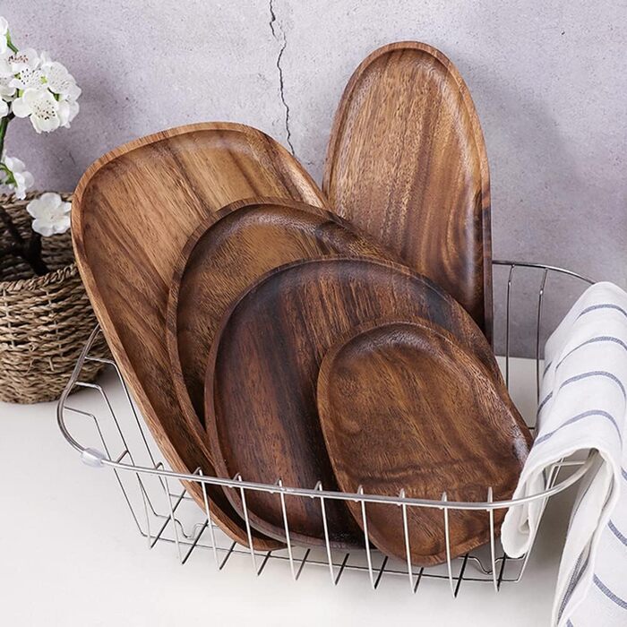 Set of 4 Serving Trays, Irregular Round Wooden Plates & Platters for Snacks, Cheese, Appetizers, Dessert, Sushi, Fruit, Salad, Wooden Serving Board
