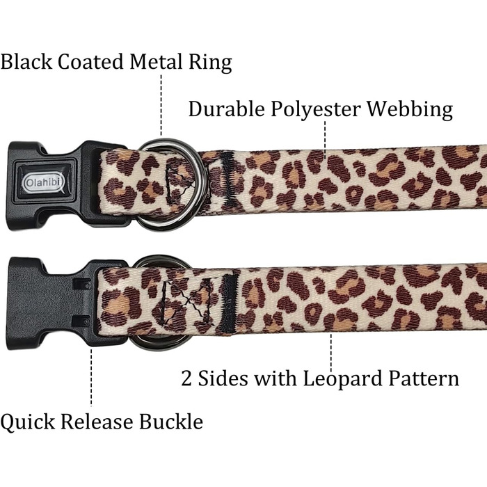Нашийник для собак Olahibi з повідком, леопардовий принт, поліестер, регульований, 1,5 м, для цуценят (XS, світло-кавовий)
